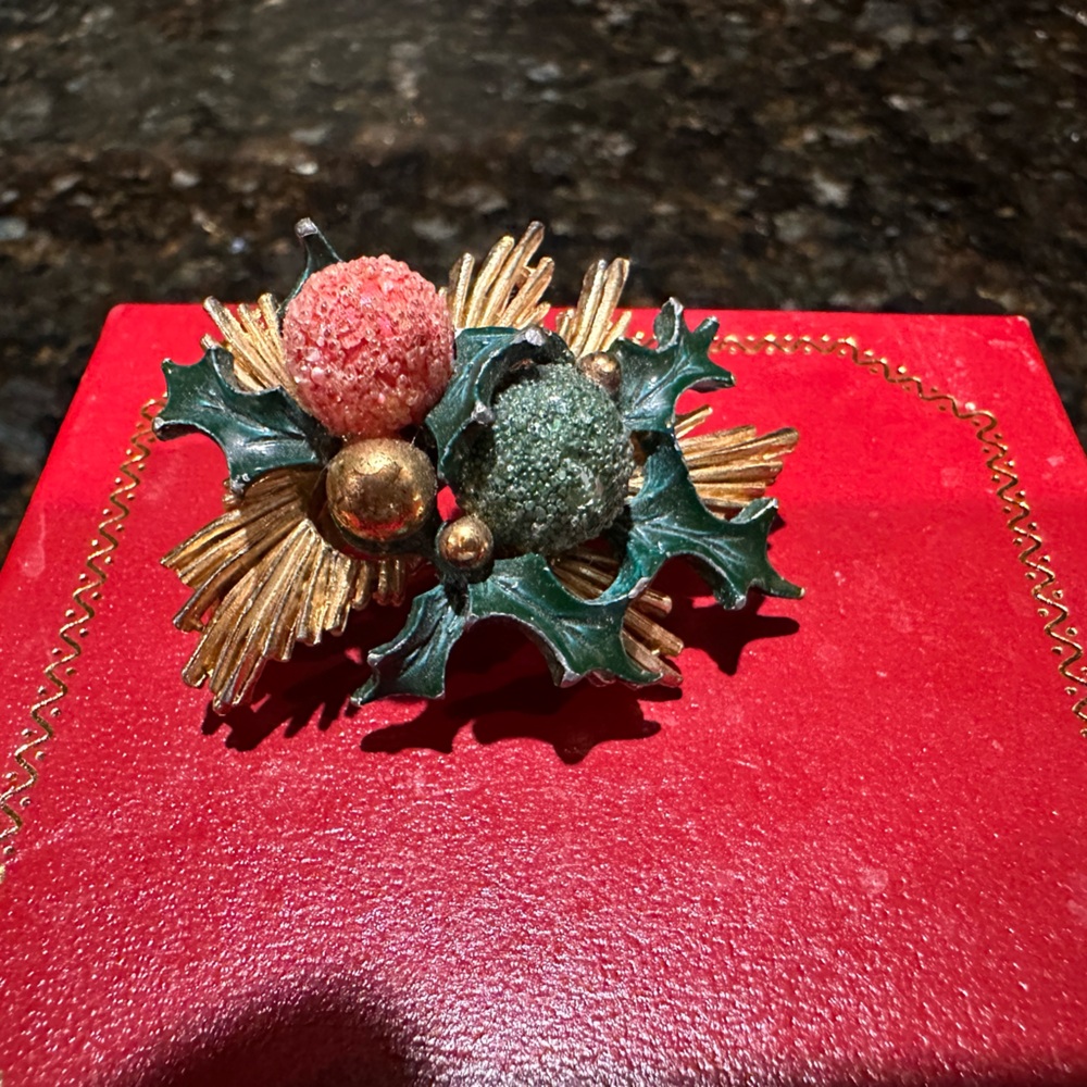 Vintage Roma Enameled Christmas Brooch with Sugared Holly Berries